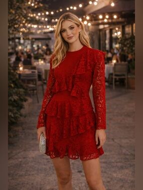 203 Aijek Mae Ruffled Long Sleeve Lace Dress
